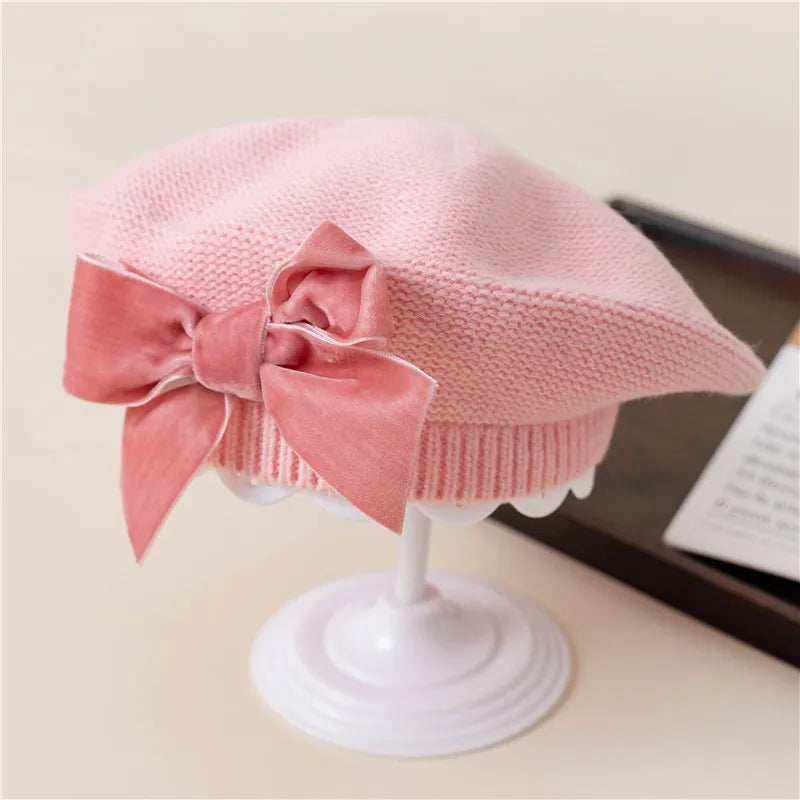 New Winter Baby Girls Warm Bowknot Knitted Hats Children Beret Beanie Hat Solid Hat Soft Chirstmas Kids Bonnet For 3-12Years