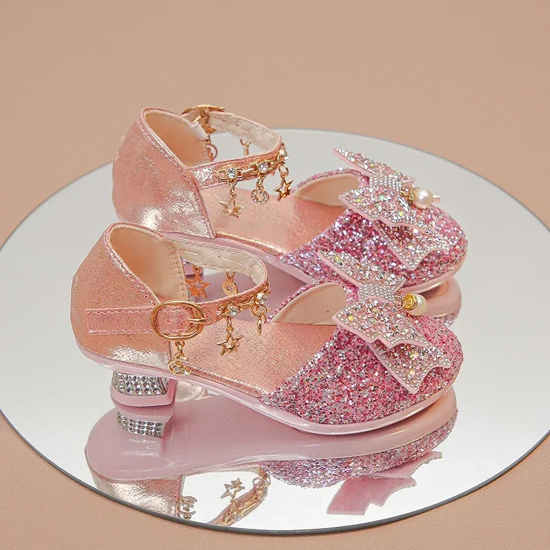 Girls High Heeled Leather Shoes High Heels for Wedding Party Glitter Rhinestone with Bow-knot Kids Dress Pendant Bling Sparkling