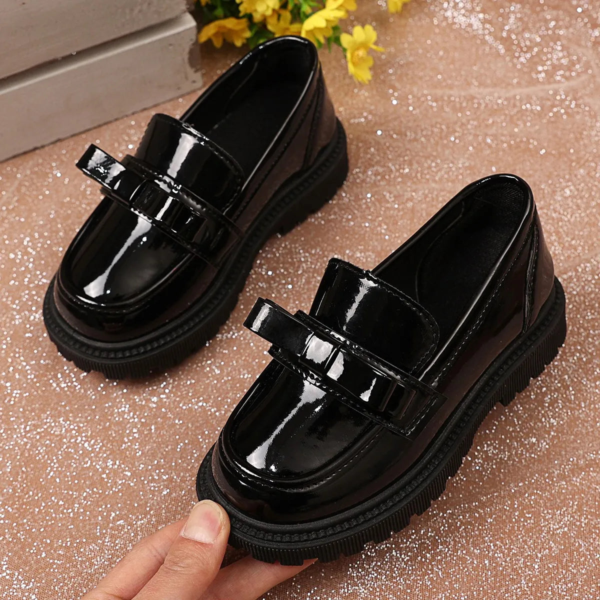 Girls Black Uniform Shoes for School Students Flats Round Toes Glossy 2025 Spring Autumn Children Leather Shoes British Style