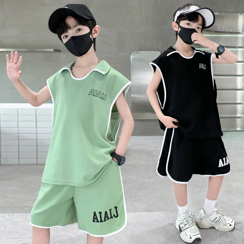 Boys Clothing Set American Style Children Vintage Vest Casual Sport Loose Pullover Sleeveless T-shirt Top Shorts Two-piece Set