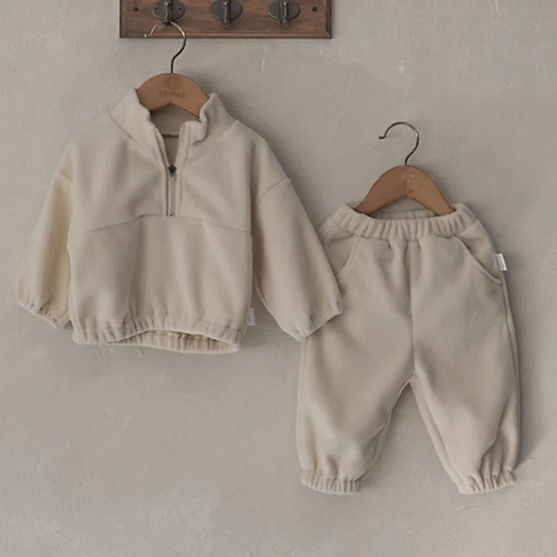 Autumn Winter Toddler Baby Boys Girl Sports Suit Children Clothes Fleece Solid Color Hoodies Suit Infant Boys Girl Outfit 2PCS