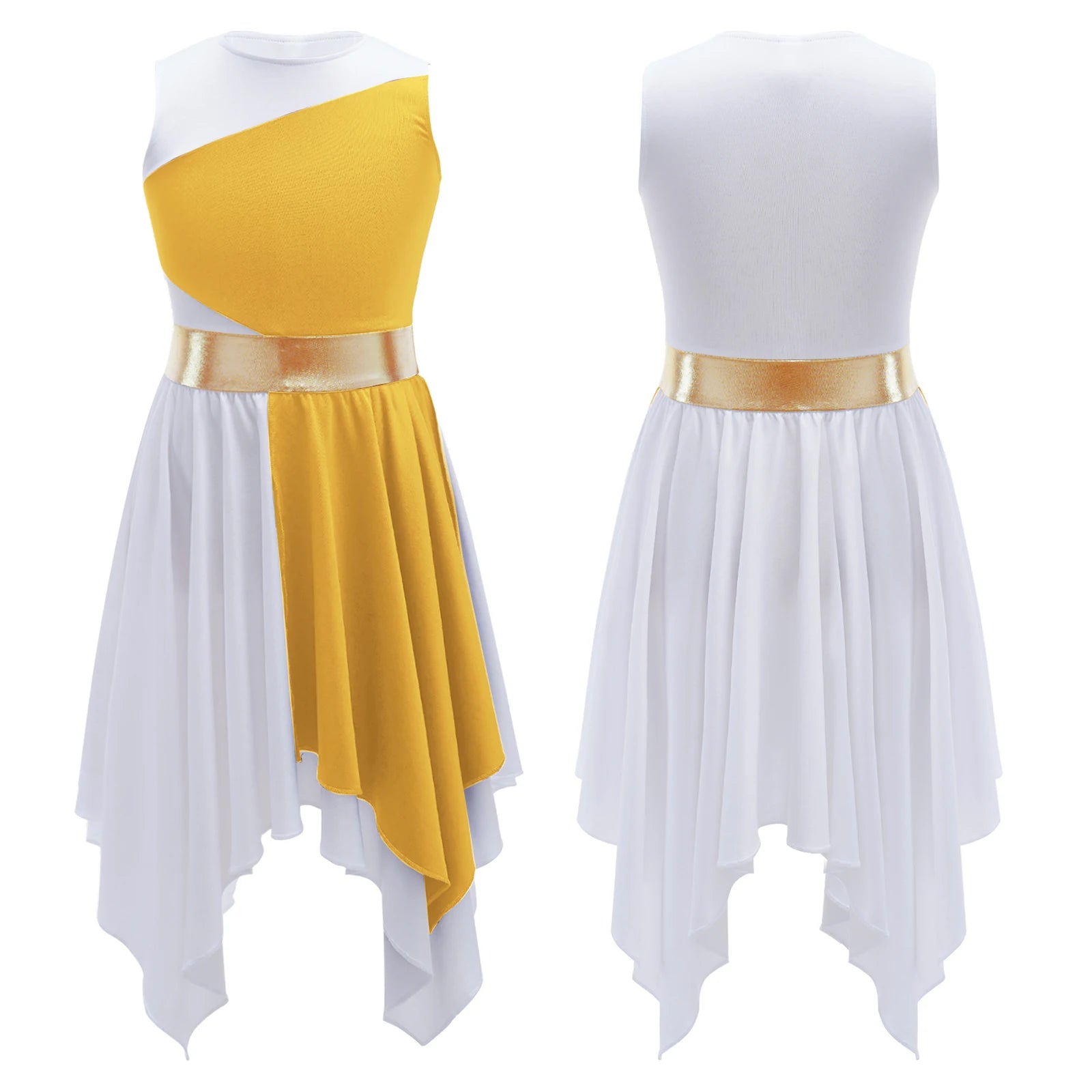 Kids Girls Modern Lyrical Ballroom Dance Dress Church Choir Praise Costume Sleeveless Asymmetrical Hem Contrast Color Gown