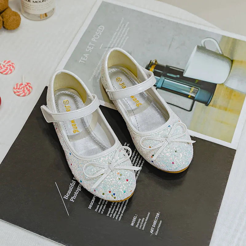 Brand Girl Shoe Autumn Sequins Dress for Girls Bow Princess Shoes Middle Large Child Flat Shoe Versatile Women Shoe Zapatos Niña
