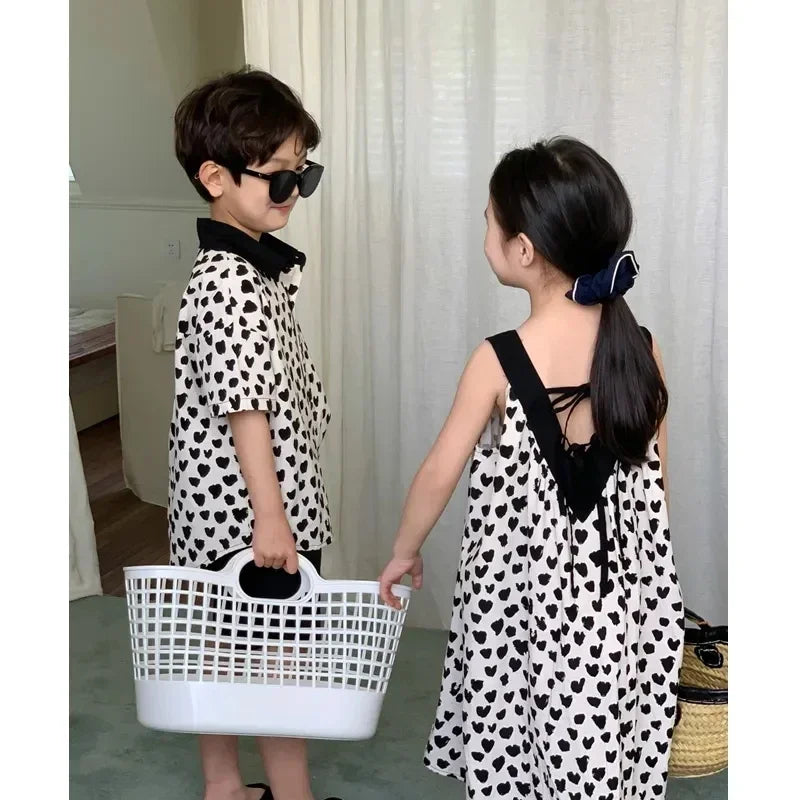 Boys Girls Matching Brother And Sister Clothes 2024 New Korean Children's Clothing Set Baby Girls Dress Kids Boys Two Piece Suit