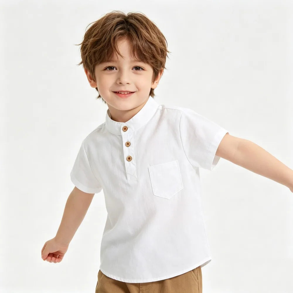 Boys Dress Shirt Toddler Boy Blouse Cotton Short Sleeve Kids Blouses Soft Boutique White Black Children Blouse  2 3 4 5 6 7Years