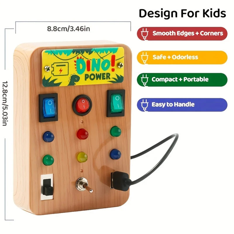 Montessori LED Light Busy Board Simulator with Switch and Dinosaur Sound Effects: A smart educational toy suitable for toddlers.