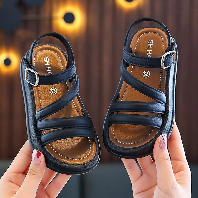 Girls Shoes New Summer Children Roman Sandals Soft Sole Comfortable Flat Sandals Non-slip Casual Solid Color Kids Beach Shoes