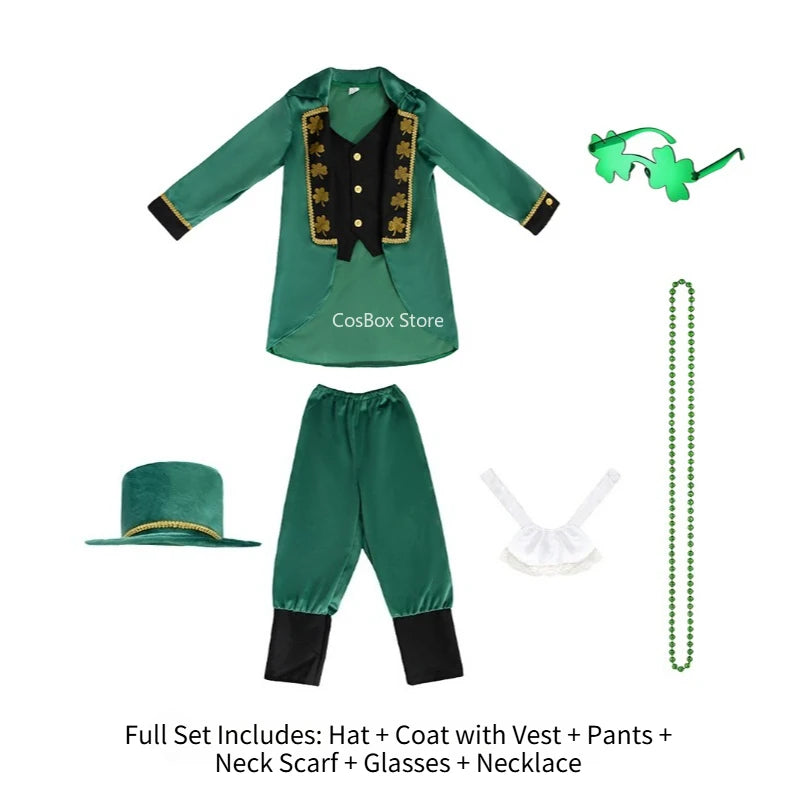 Boys Girls St.Patrick's Day Tailcoat Dress Costume Irish Elf Leprechaun School Party Outfits Halloween Carnival Stage PEFR Set