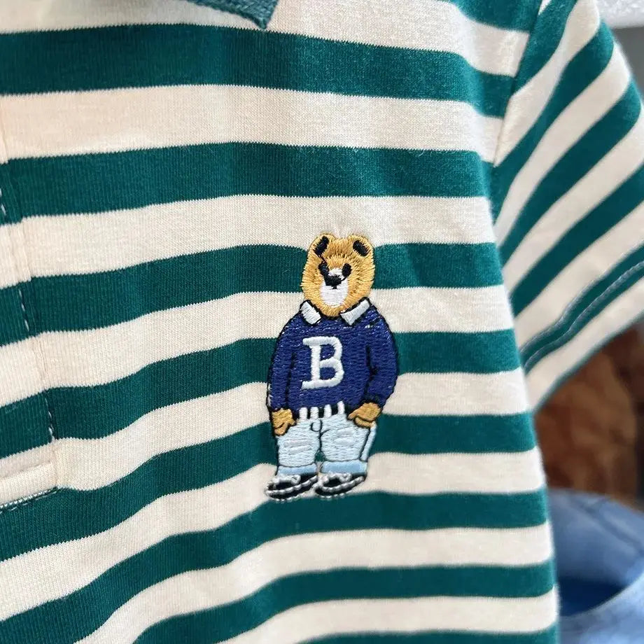Boys Short Sleeve Tee Polo Shirt For Children 2025 Kids Clothes Striped Graphic Bear T-Shirt Summer Clothes Toddler Casual Tops