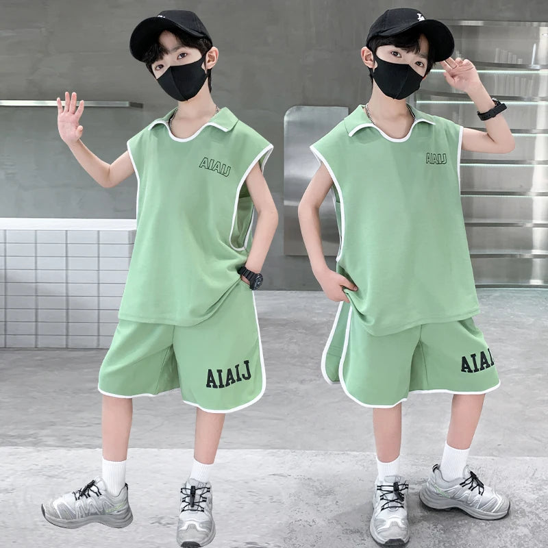 Boys Clothing Set American Style Children Vintage Vest Casual Sport Loose Pullover Sleeveless T-shirt Top Shorts Two-piece Set