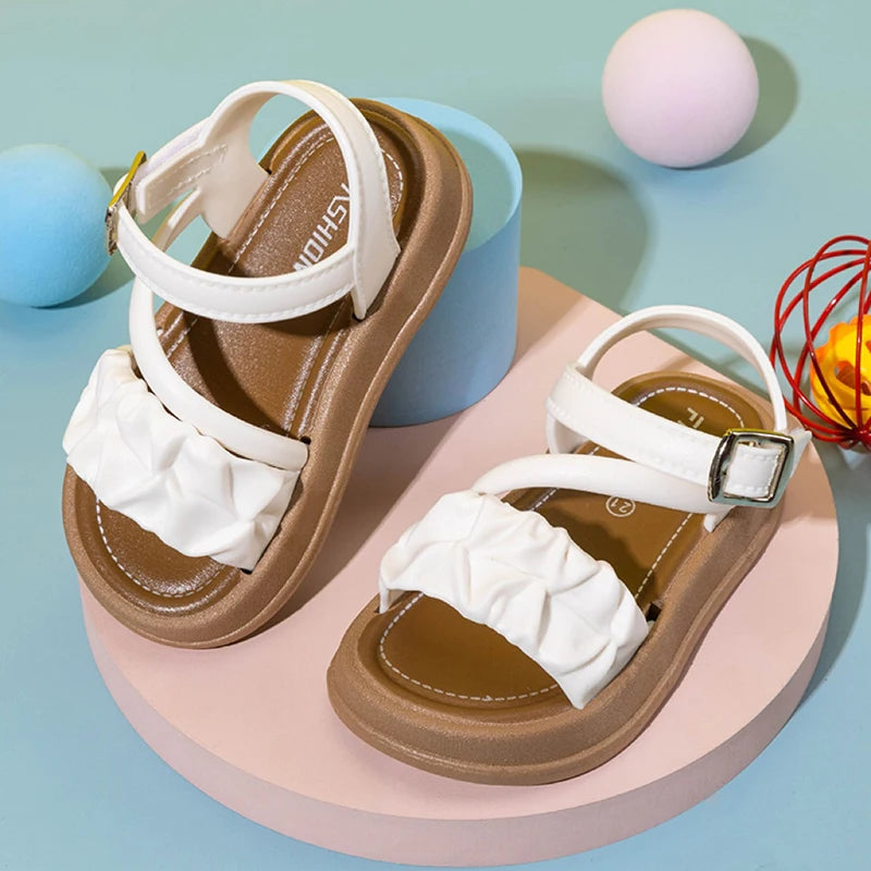 Girls Cute Ruched Pleated Sandals, Comfortable Non-Slip Thick Sole, Breathable Summer Kids Shoes for Daily Wear