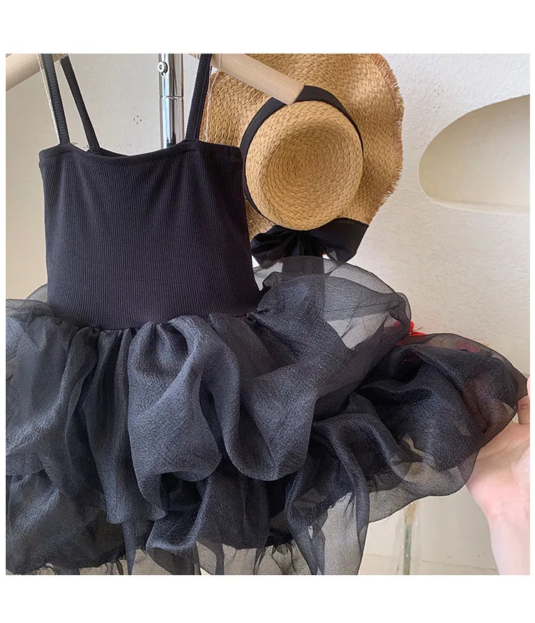 Girls' Summer Dress 2025 New Children's Party Princess Dress Children's Yarn Black Strap Dress Baby Girl Clothes