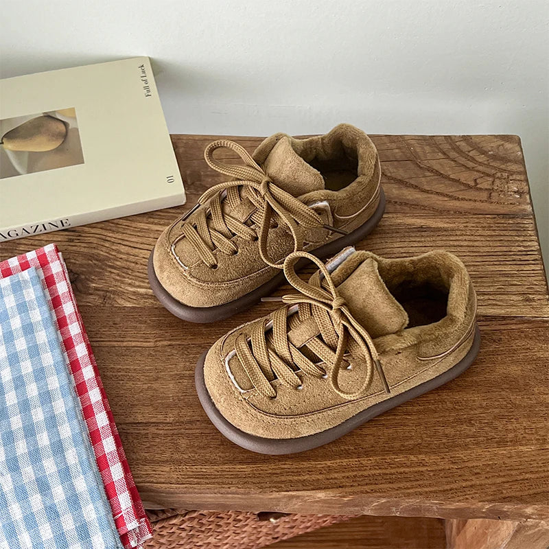 Boys Girls Winter Warm Shoes for Kids Sports Sneakers Plush-Lined Soft Sole Anti Slip Retro Frosted Suede Leather Casual Shoes