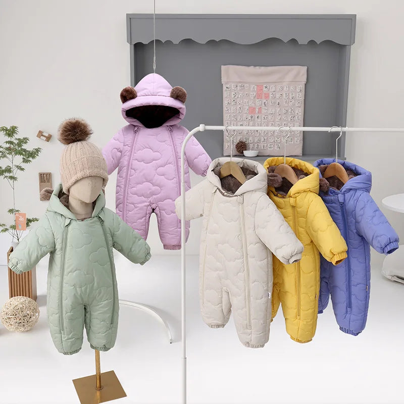 Winter Bear Ears Warm Baby Snowsuit Cute Solid Thickened Fleece for Girl Boy Jumpsuit Lined Double-Layer Hooded Toddler Romper