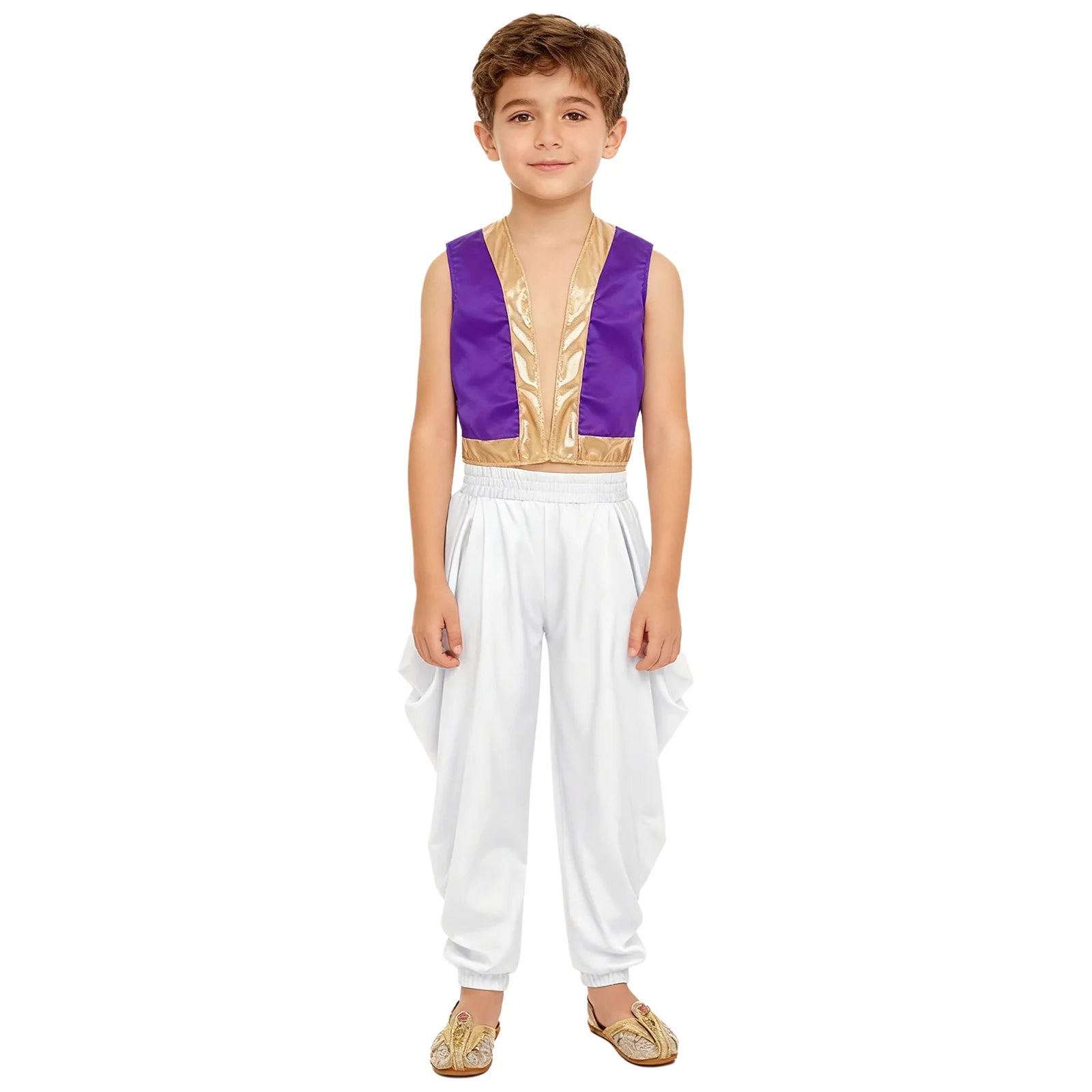 Boys Mythical Arabian Prince Dress Up Loose Vest with Satin Dhoti Pants Baggy Trousers Halloween Carnival Character Cosplay Suit