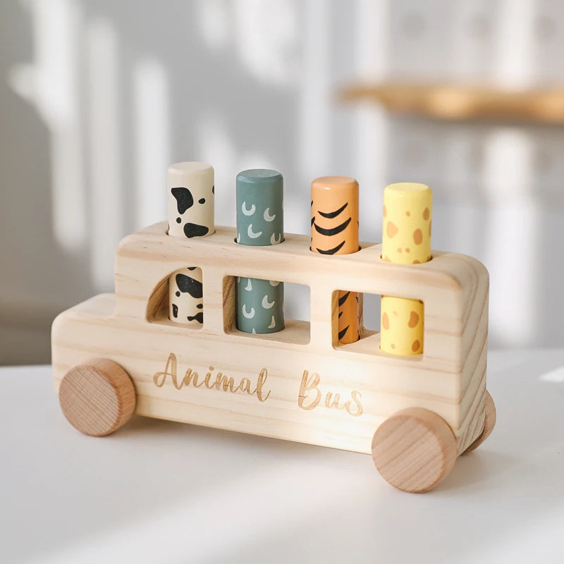 Baby Wooden Bouncing Toys Car Animal Bus Shaped Newborn Education Sensory Puzzle Hand Eye Coordination Training Toys Baby Gifts