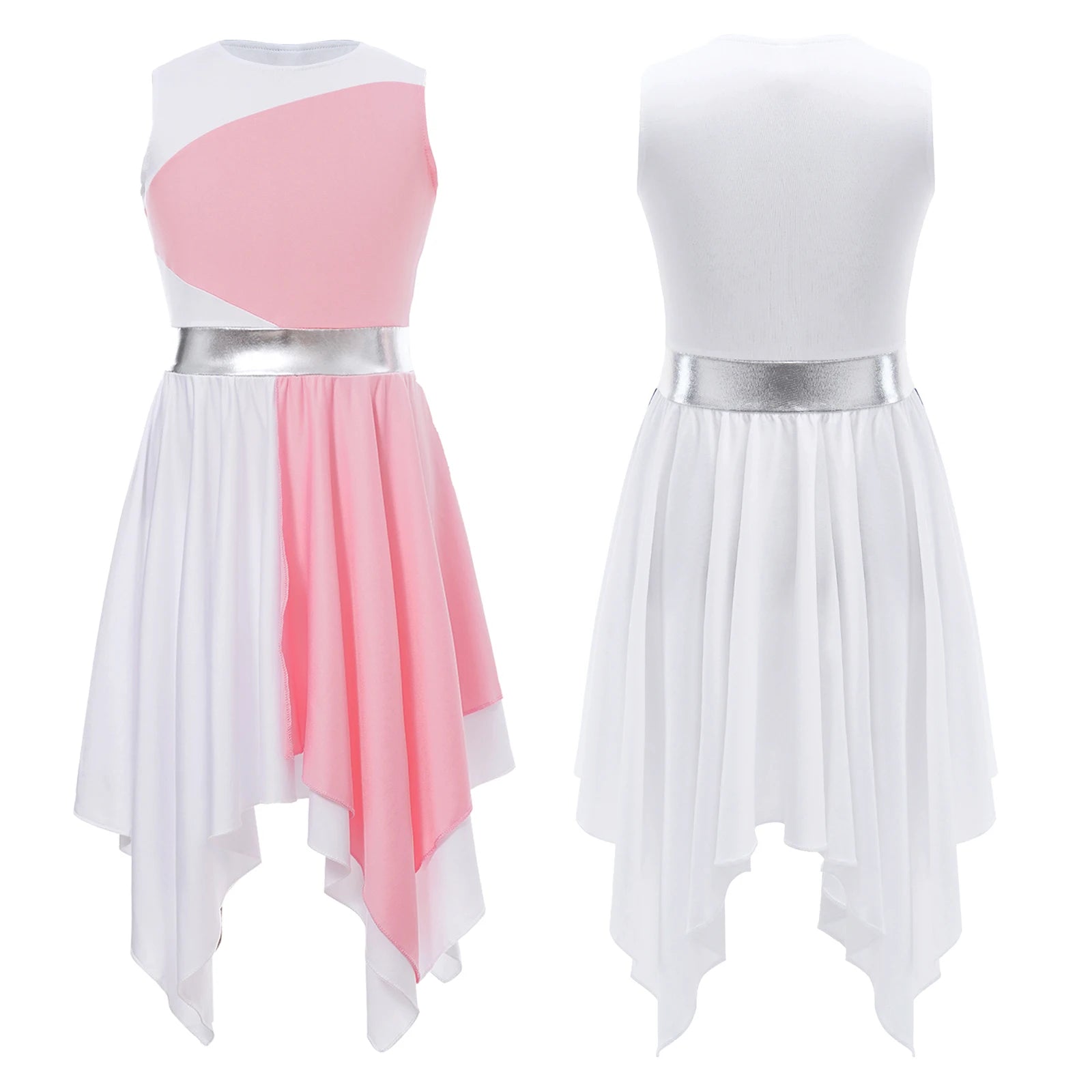 Kids Girls Modern Lyrical Ballroom Dance Dress Church Choir Praise Costume Sleeveless Asymmetrical Hem Contrast Color Gown