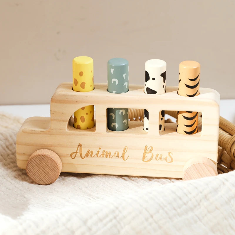 Baby Wooden Bouncing Toys Car Animal Bus Shaped Newborn Education Sensory Puzzle Hand Eye Coordination Training Toys Baby Gifts
