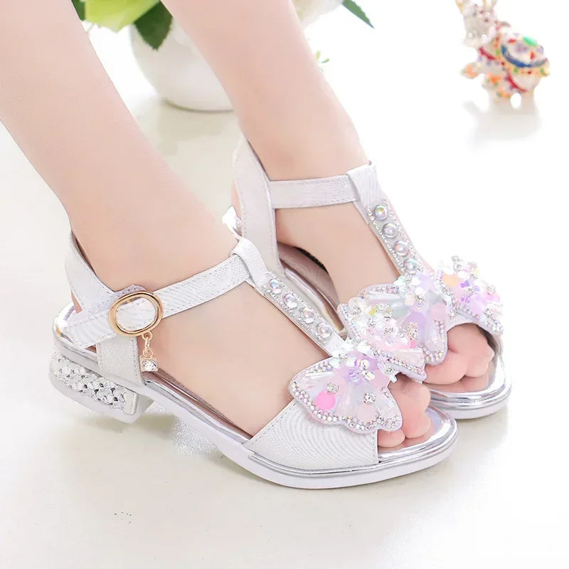 Girls Dance Shoes Non-slip Soft Sole 2025 Summer New Kids Princess Shoes T-strap Open Toes Children Sandals Sweet Bows Non-slip