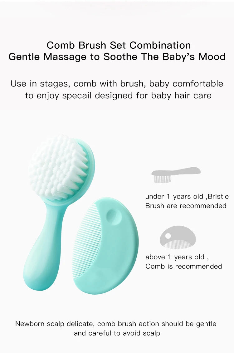Cute 2 in 1 Eco-friendly Infant Care Baby Comb Brush Set Soft Bristles Hair Brush Round Shape