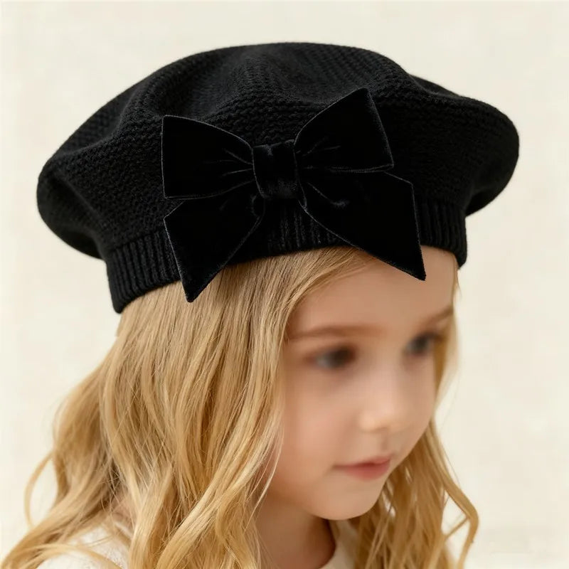 New Winter Baby Girls Warm Bowknot Knitted Hats Children Beret Beanie Hat Solid Hat Soft Chirstmas Kids Bonnet For 3-12Years