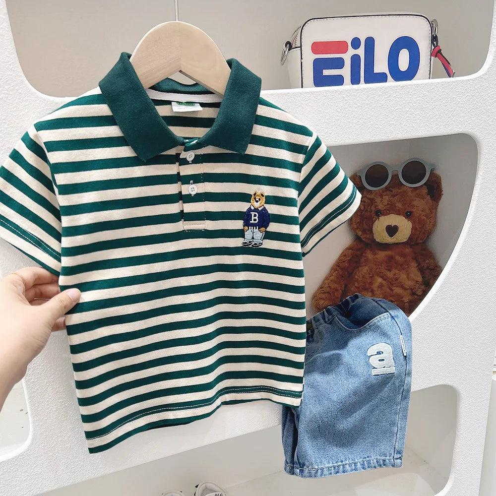 Boys Short Sleeve Tee Polo Shirt For Children 2025 Kids Clothes Striped Graphic Bear T-Shirt Summer Clothes Toddler Casual Tops