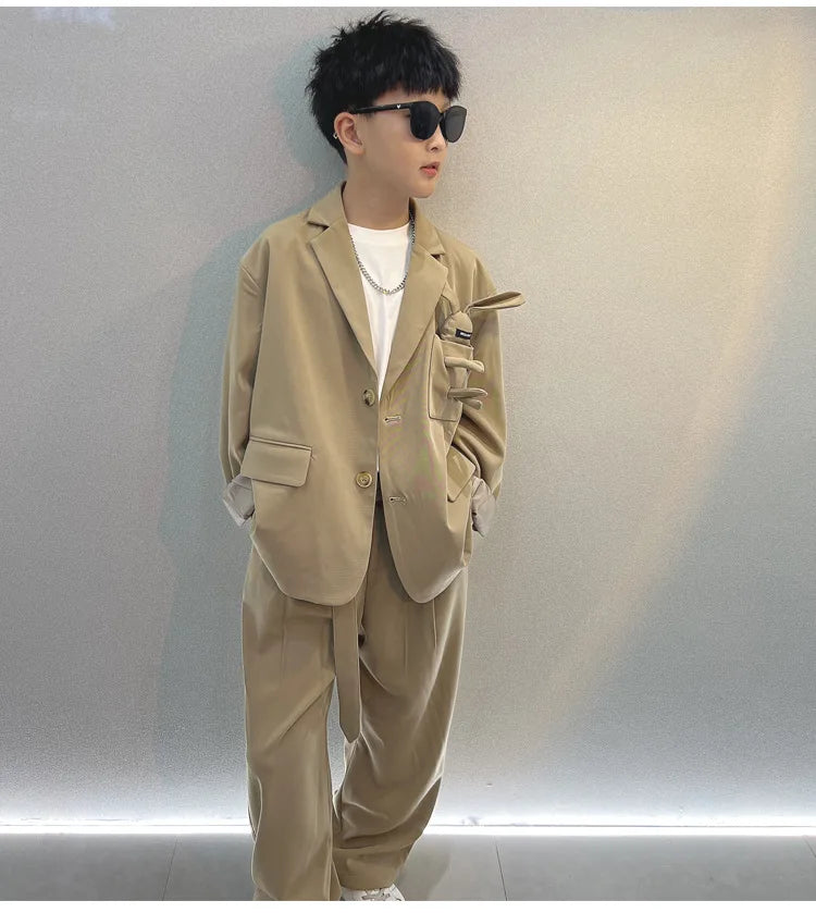 School Boys Suits Casual Blazer Wide-legged Trousers Two Piece Kids Clothes Set Khaki Loose Children Wedding Birthday Costumes