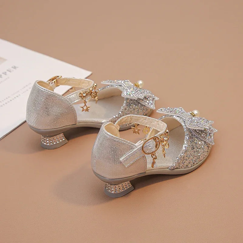 Girls High Heeled Leather Shoes High Heels for Wedding Party Glitter Rhinestone with Bow-knot Kids Dress Pendant Bling Sparkling