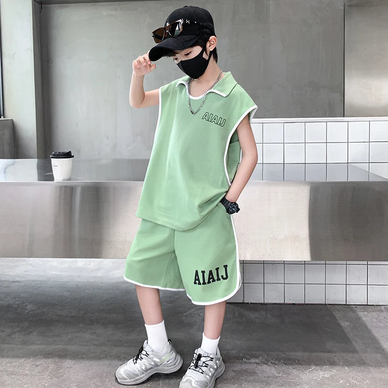 Boys Clothing Set American Style Children Vintage Vest Casual Sport Loose Pullover Sleeveless T-shirt Top Shorts Two-piece Set