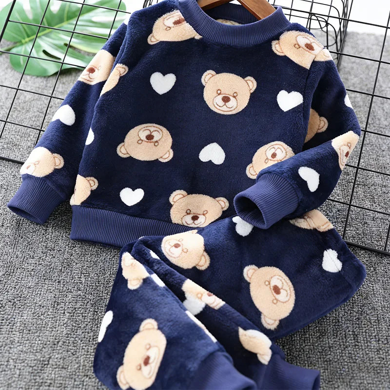 2026 New Winter Baby Boys Homewear Sets Autumn Fashion Flannel Fleece Clothes Kids Cartoon Bear Sleepwear Children Pajamas 3-8Y