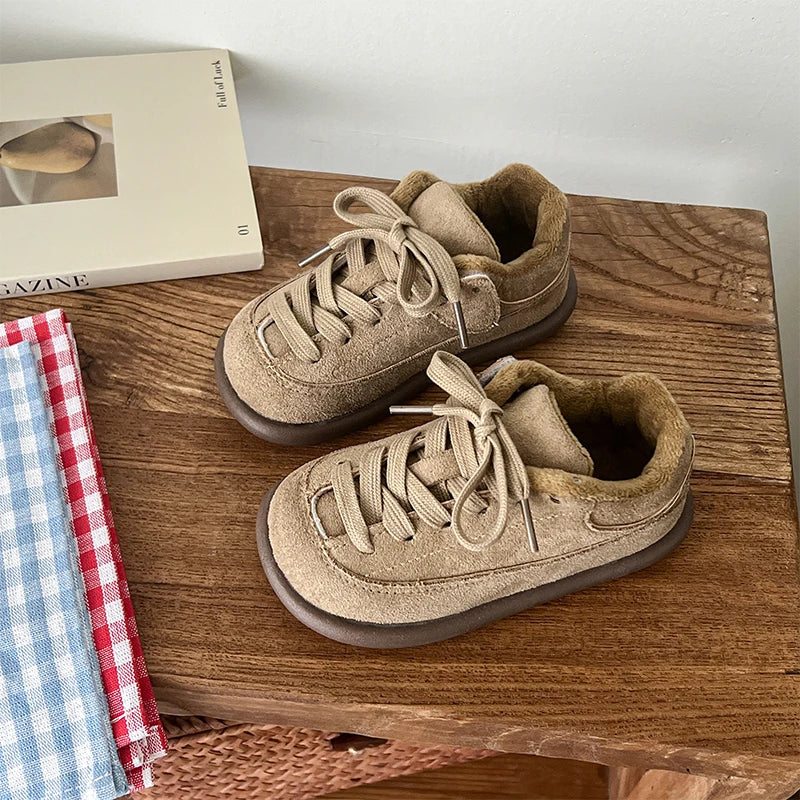 Boys Girls Winter Warm Shoes for Kids Sports Sneakers Plush-Lined Soft Sole Anti Slip Retro Frosted Suede Leather Casual Shoes