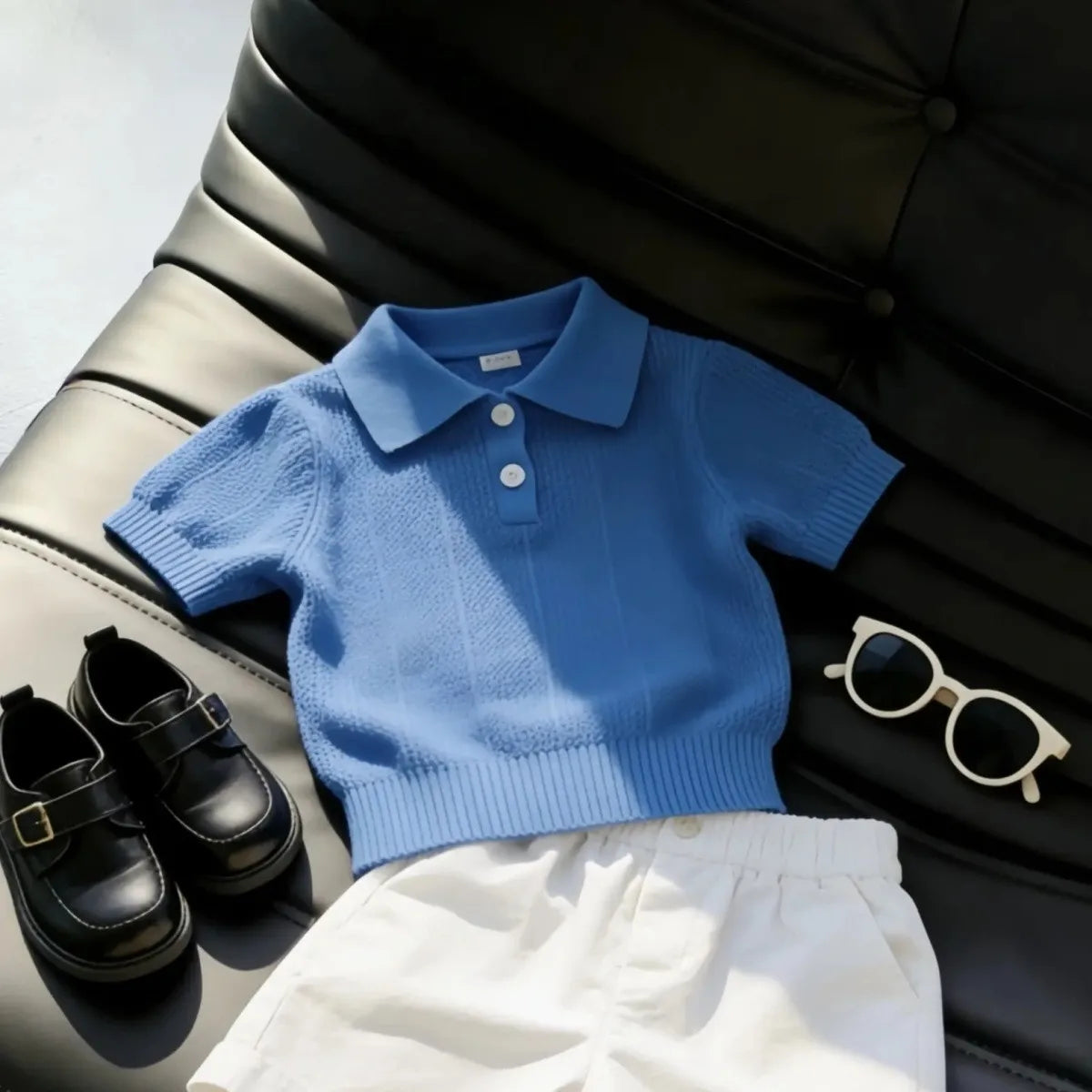Boys Summer Outfit Fashion New Stylish Children's Handsome Hollow Polo Short Sleeve T-Shirt Plus Casual Pants Two-Piece Set