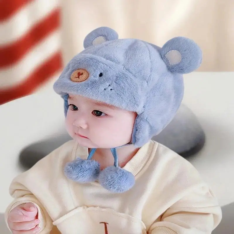 Cute Winter Warm Kids Girl Boys Baby Hats Fleece Wool Hemming Caps With Ball Solid Wool Ear Protection Hats Soft Newborn Bonnet