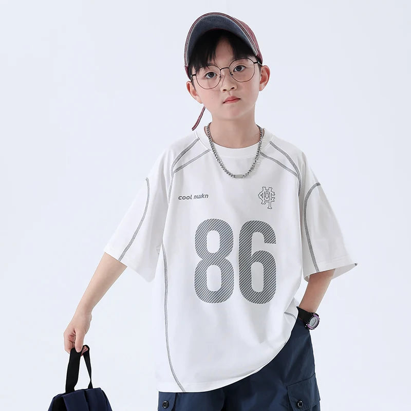 Children's Boys T-Shirts with Number Print Round Neck Short Sleeve Shirts for New Summer Casual Wear White Loose Cotton Clothes