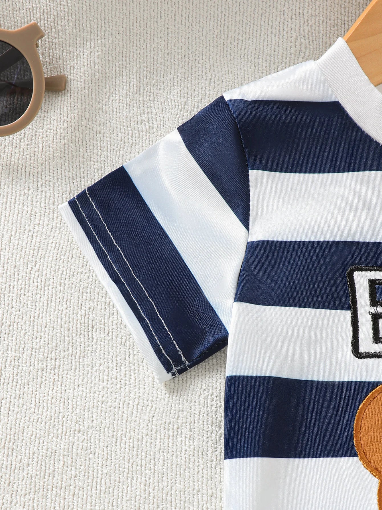 Boys Summer Outfit Striped Bear Pattern Short Sleeve T-shirt And Shorts Set Casual Daily Wear Fashion Children's Set