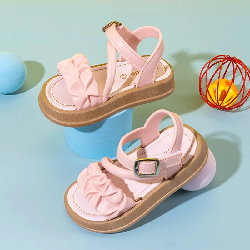 Girls Cute Ruched Pleated Sandals, Comfortable Non-Slip Thick Sole, Breathable Summer Kids Shoes for Daily Wear