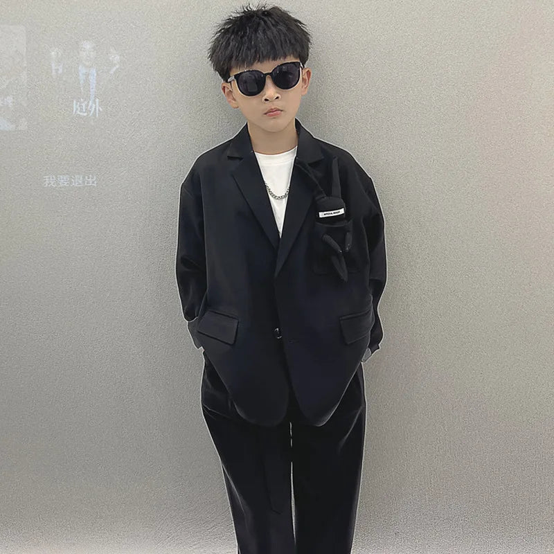 School Boys Suits Casual Blazer Wide-legged Trousers Two Piece Kids Clothes Set Khaki Loose Children Wedding Birthday Costumes