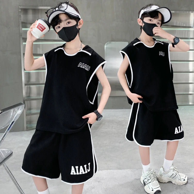 Boys Clothing Set American Style Children Vintage Vest Casual Sport Loose Pullover Sleeveless T-shirt Top Shorts Two-piece Set