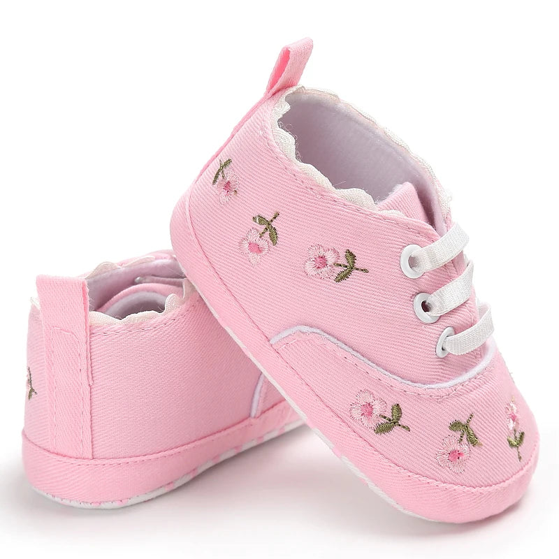 Baby Shoes Infant Pre-Walker Shoes, Floral Embroidery/ Bow Princess Sneakers, Soft Sole Casual Footwear for Baby Girls0-18M