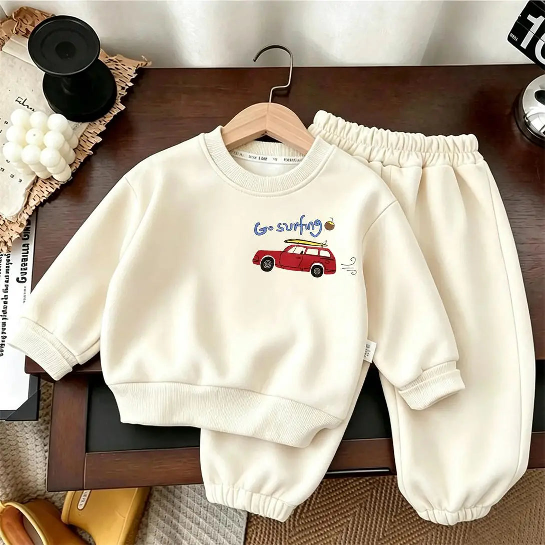 Boys Trendy Outfits Little Car Print Sweatshirts All-match Pants Fashion Sports Costume Children New Solid Color Two Piece Set