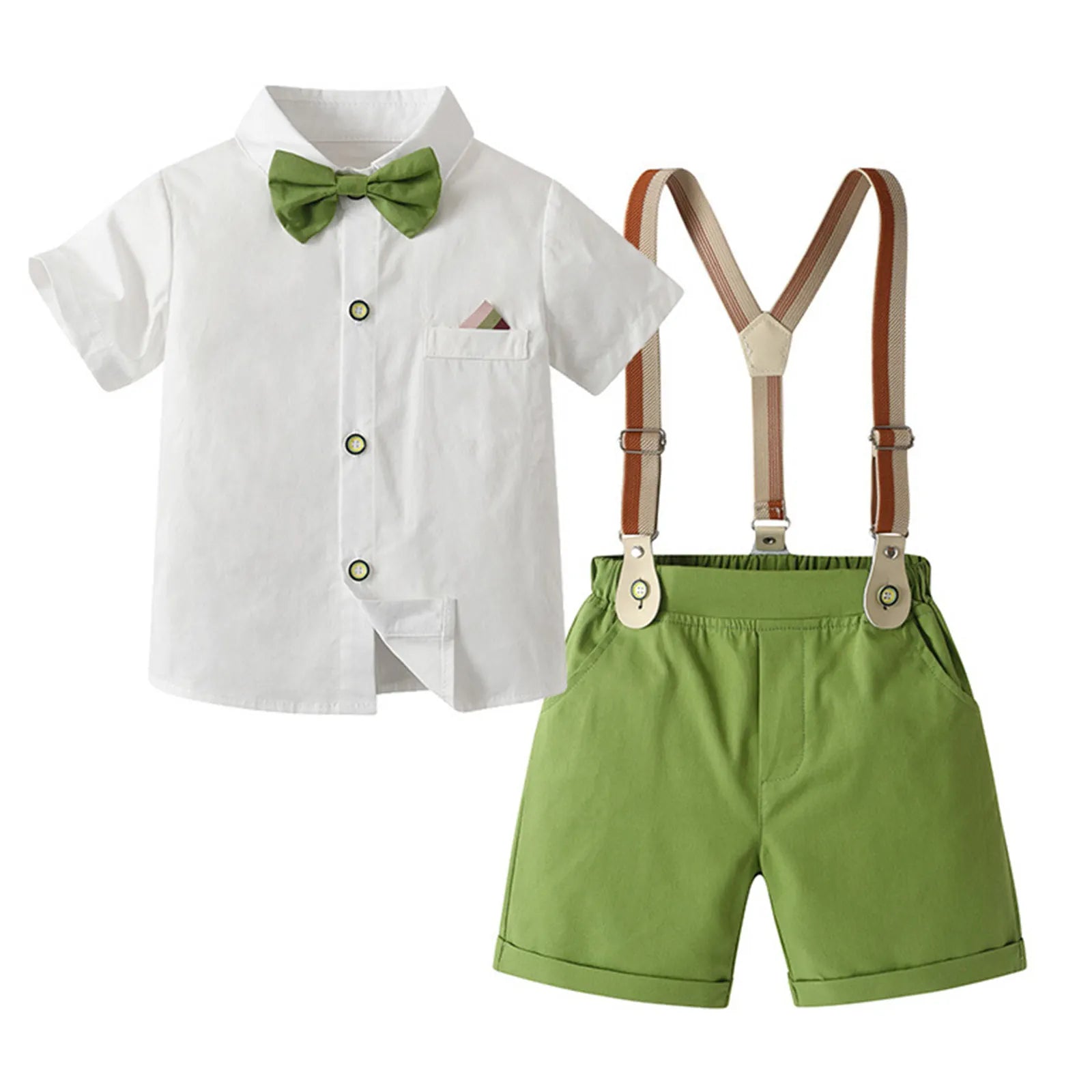 Toddler Boys Gentleman Suit Short Sleeve Lapel Bow Tie Tops with Suspender Shorts Baptism Birthday Wedding Party Formal Outfit