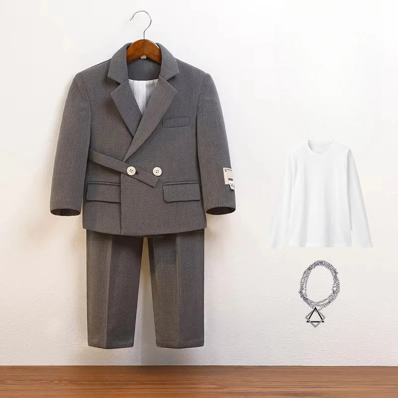 Boys Suit Fashion Design Handsome School Children's Clothes Set Casual Blazers Pants 2pcs Page Boy Wedding Performance Costumes