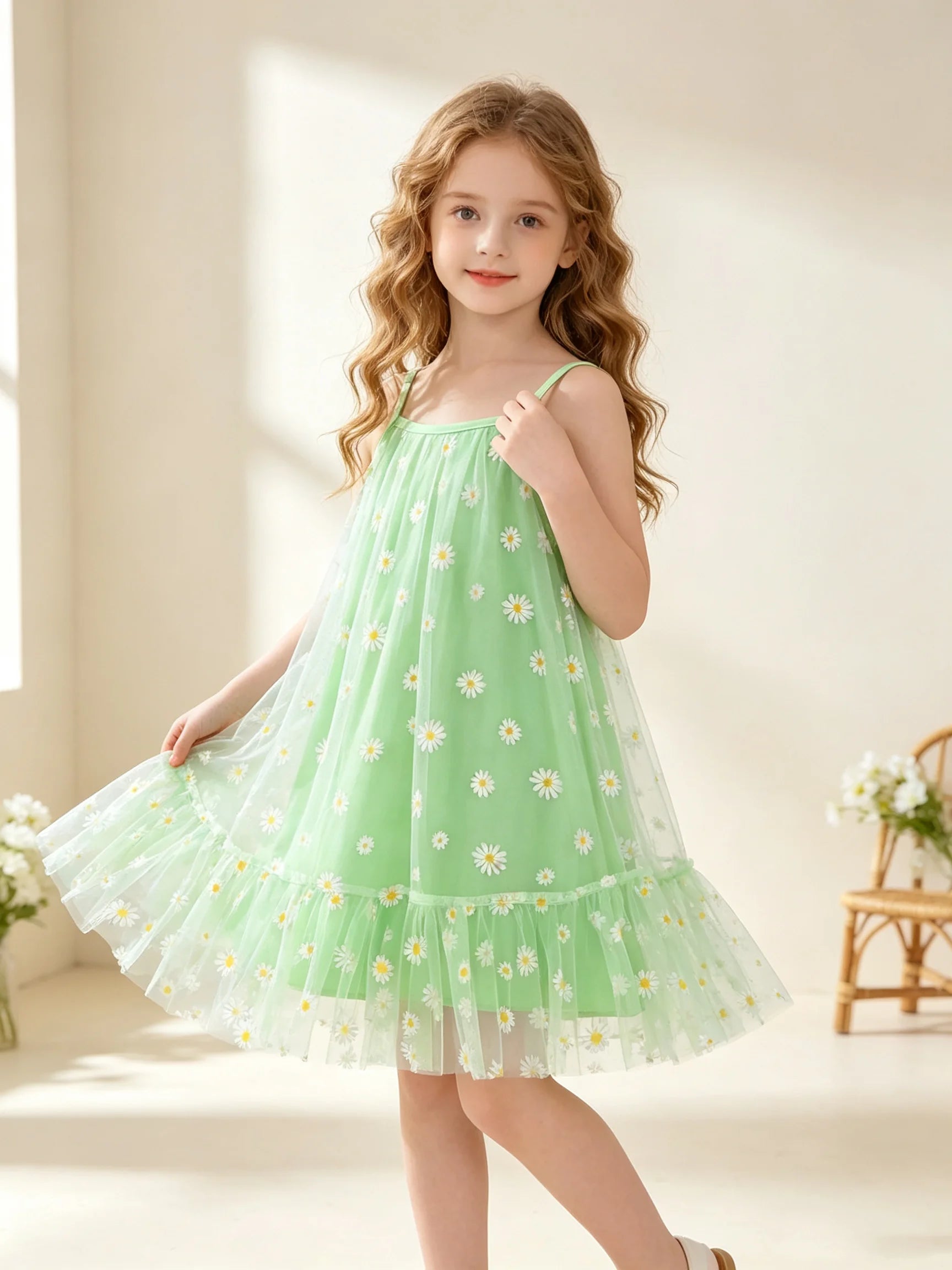 Girls Summer Dress Elegant Daisy Print Mesh Layered Strap Ruffle Bottom Outfit Yellow Green Blue - Children's Clothing