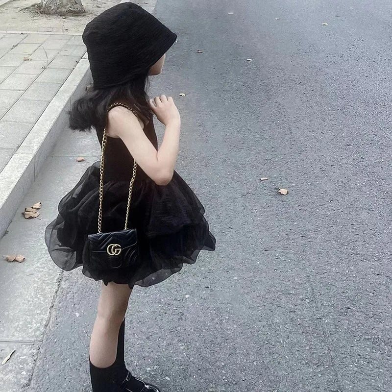 Girls' Summer Dress 2025 New Children's Party Princess Dress Children's Yarn Black Strap Dress Baby Girl Clothes