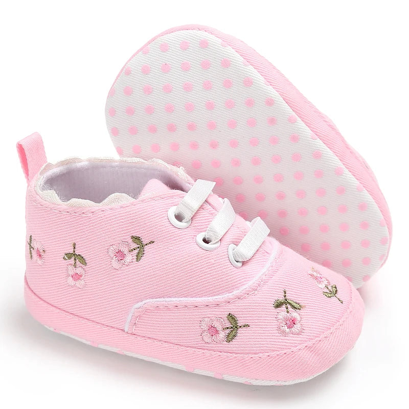 Baby Shoes Infant Pre-Walker Shoes, Floral Embroidery/ Bow Princess Sneakers, Soft Sole Casual Footwear for Baby Girls0-18M
