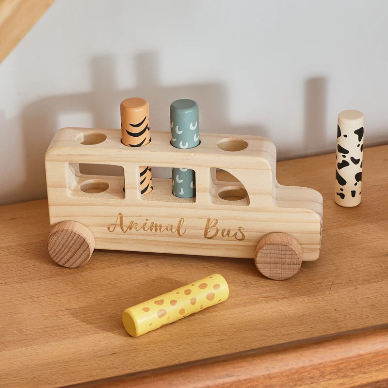 Baby Wooden Bouncing Toys Car Animal Bus Shaped Newborn Education Sensory Puzzle Hand Eye Coordination Training Toys Baby Gifts