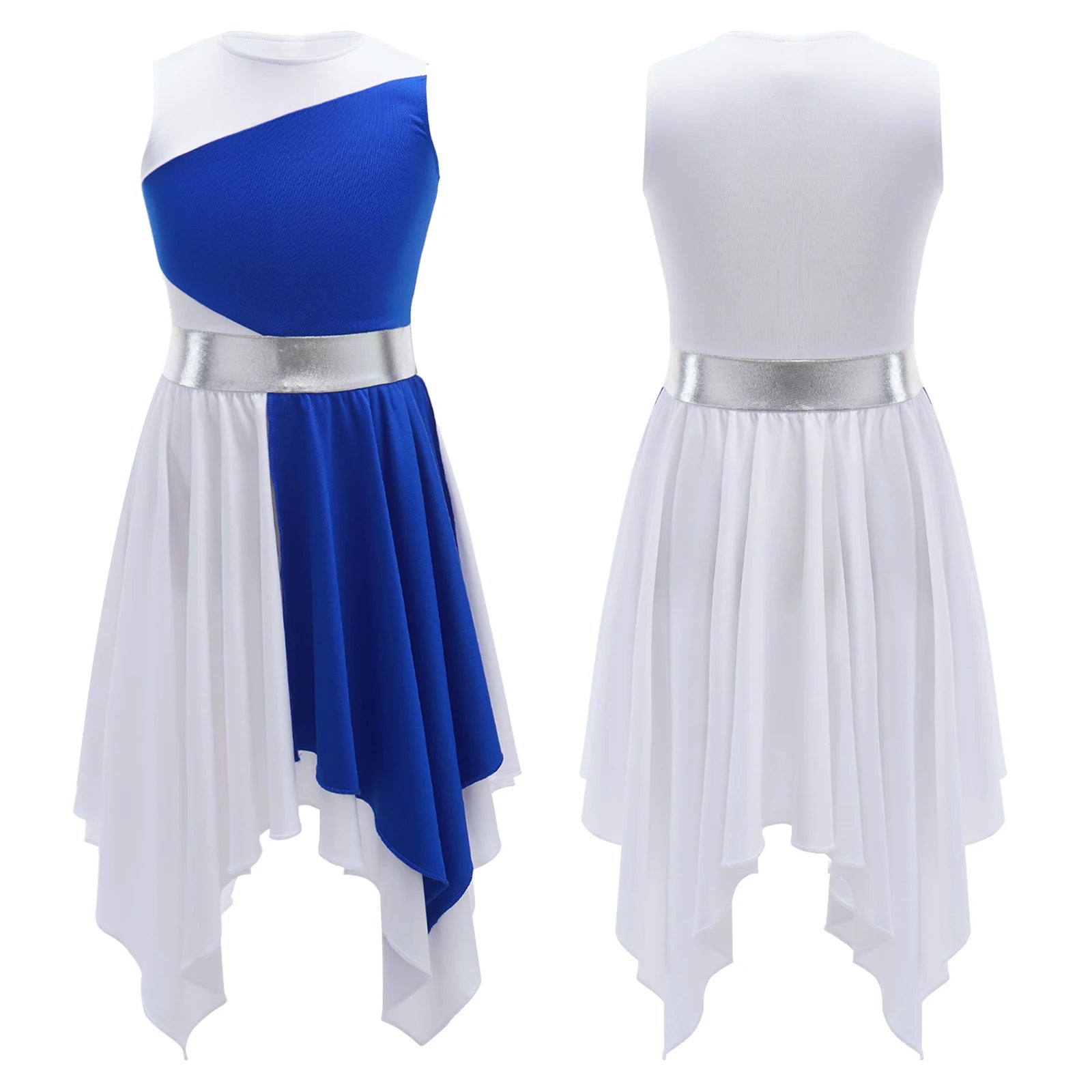 Kids Girls Modern Lyrical Ballroom Dance Dress Church Choir Praise Costume Sleeveless Asymmetrical Hem Contrast Color Gown