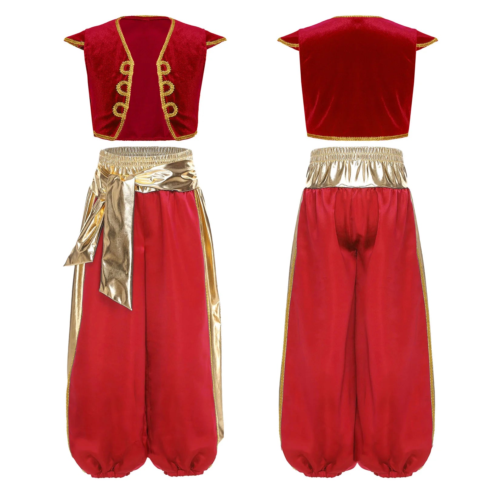 Teen Boys Arabian Prince Dress Up Outfit Halloween Lamp Elf Cosplay Costume Cap Sleeve Vest with Harem Pants Arab Dance Bloomers