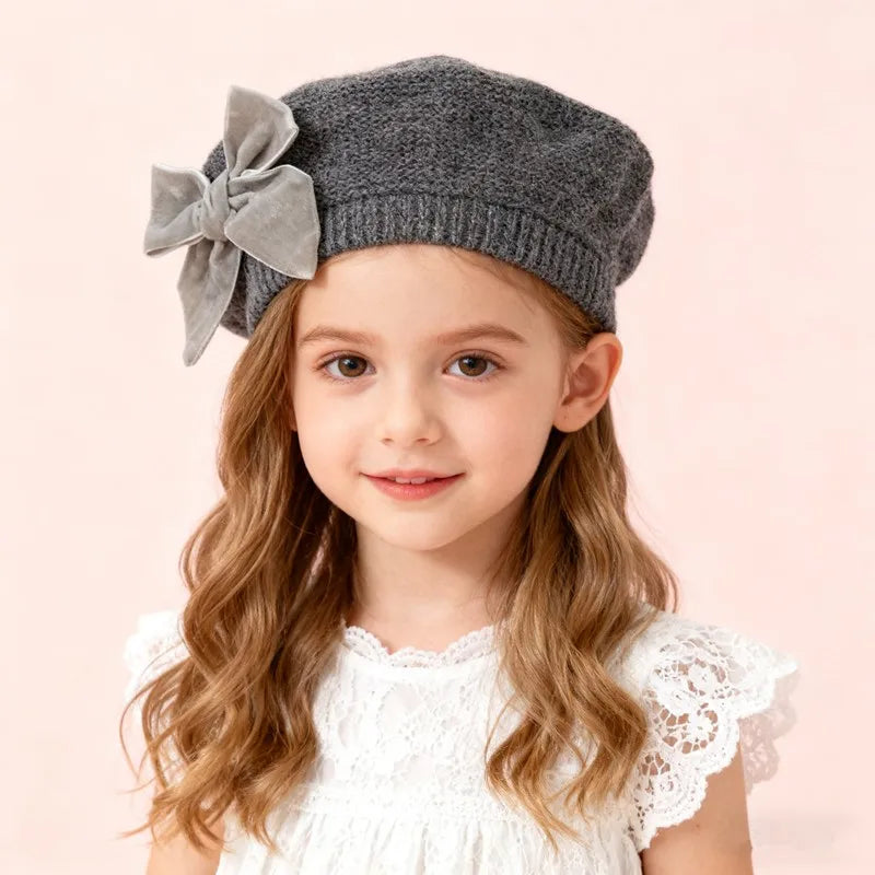 New Winter Baby Girls Warm Bowknot Knitted Hats Children Beret Beanie Hat Solid Hat Soft Chirstmas Kids Bonnet For 3-12Years