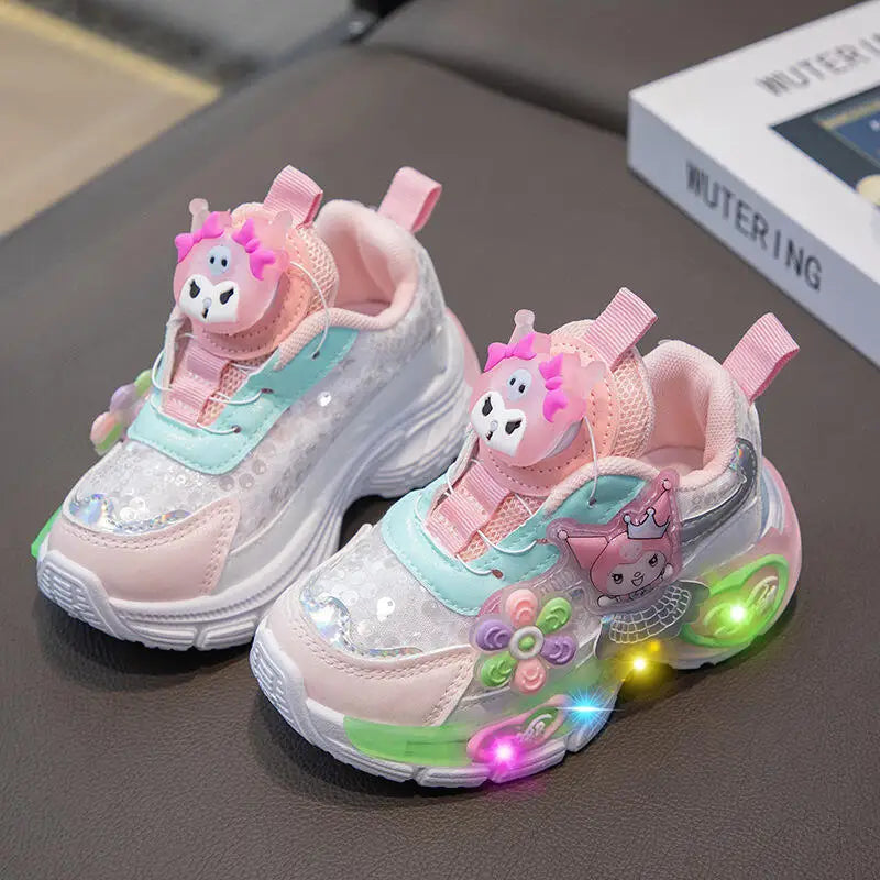 Girls Casual Sports Shoes Girls Spring New Electric Dad Shoes Children's Princess Running Shoes Soft Soled Rotating Button Shoes
